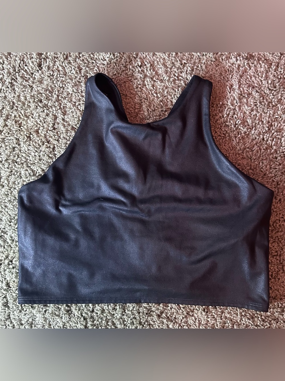 Athleta Black Faux Leather Look High Neck Racerback Crop Top L